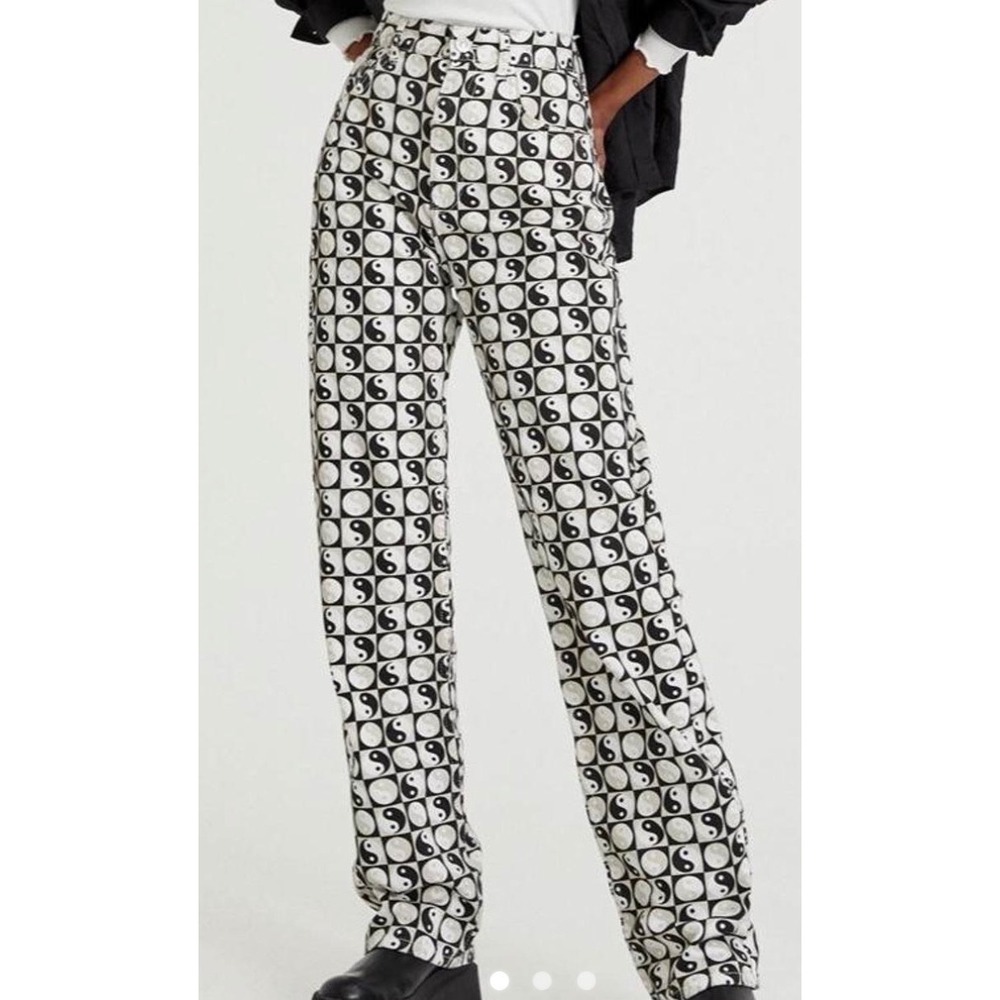 Pull&Bear Yin Yang Checkerboard Print High Waisted Straight Leg Jeans Size 10